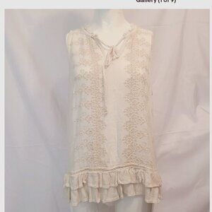 Patrons Of Peace M Top Ivory Boho Embroidered Sleeveless ruffle Vneck tie front
